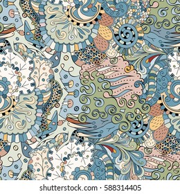 Tracery seamless calming pattern. Mehndi design. Ethnic colorful doodle texture. Curved doodling background. Vector.