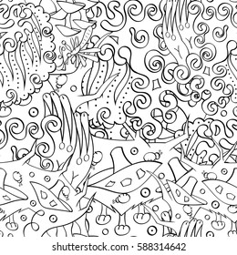 Tracery seamless calming pattern. Mehndi design. Ethnic monochrome binary doodle texture. Curved doodling black and white background. Vector.