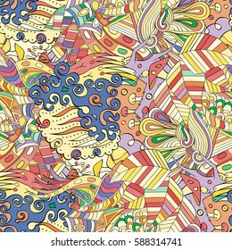 Tracery seamless calming pattern. Mehndi design. Ethnic colorful doodle texture. Curved doodling background. Vector.