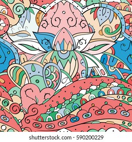 Tracery seamless calming pattern. Mehndi design. Ethnic colorful doodle texture. Curved doodling background. Vector.