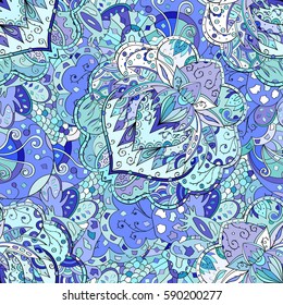 Tracery seamless calming pattern. Mehndi design. Ethnic colorful doodle texture. Curved doodling background. Vector.
