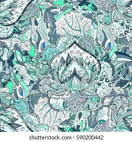 Tracery seamless calming pattern. Mehndi design. Ethnic colorful doodle texture. Curved doodling background. Vector.
