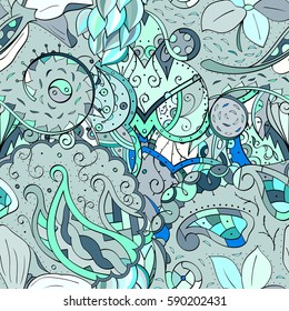 Tracery seamless calming pattern. Mehndi design. Ethnic colorful doodle texture. Curved doodling background. Vector.