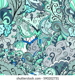 Tracery seamless calming pattern. Mehndi design. Ethnic colorful doodle texture. Curved doodling background. Vector.
