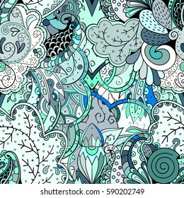Tracery seamless calming pattern. Mehndi design. Ethnic colorful doodle texture. Curved doodling background. Vector.