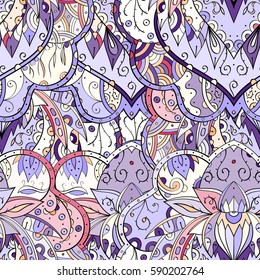 Tracery seamless calming pattern. Mehndi design. Ethnic colorful doodle texture. Curved doodling background. Vector.
