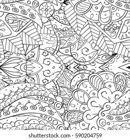 Tracery seamless calming pattern. Mehndi design. Ethnic monochrome binary doodle texture. Curved doodling black and white background. Vector.