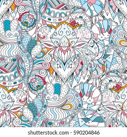 Tracery seamless calming pattern. Mehndi design. Ethnic colorful doodle texture. Curved doodling background. Vector.