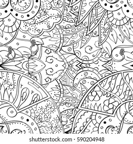 Tracery seamless calming pattern. Mehndi design. Ethnic monochrome binary doodle texture. Curved doodling black and white background. Vector.