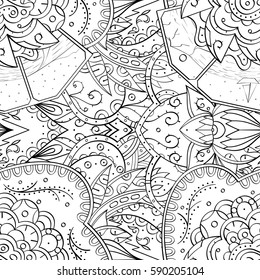 Tracery seamless calming pattern. Mehndi design. Ethnic monochrome binary doodle texture. Curved doodling black and white background. Vector.