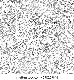 Tracery seamless calming pattern. Mehndi design. Ethnic monochrome binary doodle texture. Curved doodling black and white background. Vector.