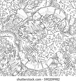 Tracery seamless calming pattern. Mehndi design. Ethnic monochrome binary doodle texture. Curved doodling black and white background. Vector.