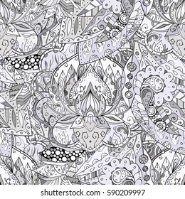 Tracery seamless calming pattern. Mehndi design. Ethnic colorful doodle texture. Curved doodling background. Vector.