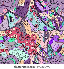 Tracery seamless calming pattern. Mehndi design. Ethnic colorful doodle texture. Curved doodling background. Vector.