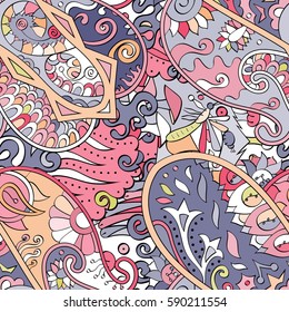 Tracery seamless calming pattern. Mehndi design. Ethnic colorful doodle texture. Curved doodling background. Vector.