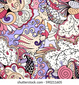 Tracery seamless calming pattern. Mehndi design. Ethnic colorful doodle texture. Curved doodling background. Vector.