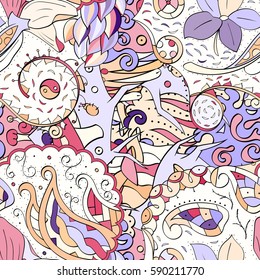 Tracery seamless calming pattern. Mehndi design. Ethnic colorful doodle texture. Curved doodling background. Vector.