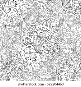 Tracery seamless calming pattern. Mehndi design. Ethnic monochrome binary doodle texture. Curved doodling black and white background. Vector.