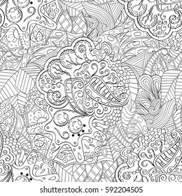 Tracery seamless calming pattern. Mehndi design. Ethnic monochrome binary doodle texture. Curved doodling black and white background. Vector.