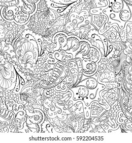 Tracery seamless calming pattern. Mehndi design. Ethnic monochrome binary doodle texture. Curved doodling black and white background. Vector.