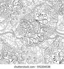 Tracery seamless calming pattern. Mehndi design. Ethnic monochrome binary doodle texture. Curved doodling black and white background. Vector.