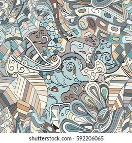 Tracery seamless calming pattern. Mehndi design. Ethnic colorful doodle texture. Curved doodling background. Vector.