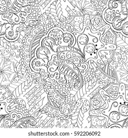Tracery seamless calming pattern. Mehndi design. Ethnic monochrome binary doodle texture. Curved doodling black and white background. Vector.