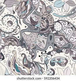 Tracery seamless calming pattern. Mehndi design. Ethnic colorful doodle texture. Curved doodling background. Vector.