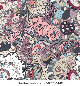 Tracery seamless calming pattern. Mehndi design. Ethnic colorful doodle texture. Curved doodling background. Vector.