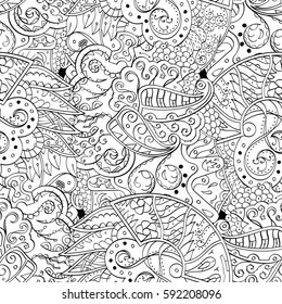 Tracery seamless calming pattern. Mehndi design. Ethnic monochrome binary doodle texture. Curved doodling black and white background. Vector.