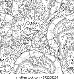 Tracery seamless calming pattern. Mehndi design. Ethnic monochrome binary doodle texture. Curved doodling black and white background. Vector.
