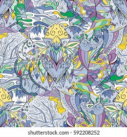 Tracery seamless calming pattern. Mehndi design. Ethnic colorful doodle texture. Curved doodling background. Vector.