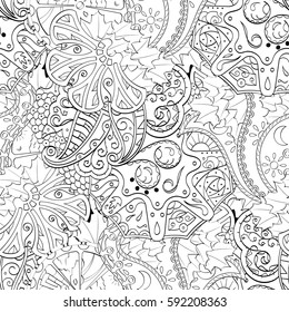 Tracery seamless calming pattern. Mehndi design. Ethnic monochrome binary doodle texture. Curved doodling black and white background. Vector.