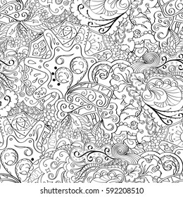 Tracery seamless calming pattern. Mehndi design. Ethnic monochrome binary doodle texture. Curved doodling black and white background. Vector.