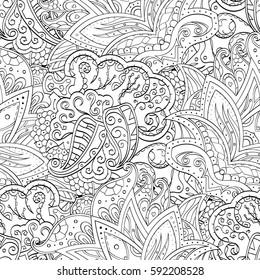 Tracery seamless calming pattern. Mehndi design. Ethnic monochrome binary doodle texture. Curved doodling black and white background. Vector.