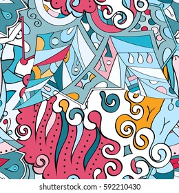 Tracery seamless calming pattern. Mehndi design. Ethnic colorful doodle texture. Curved doodling background. Vector.