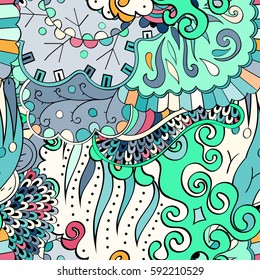 Tracery seamless calming pattern. Mehndi design. Ethnic colorful doodle texture. Curved doodling background. Vector.