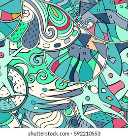 Tracery seamless calming pattern. Mehndi design. Ethnic colorful doodle texture. Curved doodling background. Vector.