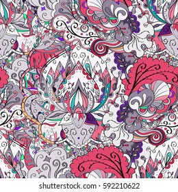 Tracery seamless calming pattern. Mehndi design. Ethnic colorful doodle texture. Curved doodling background. Vector.