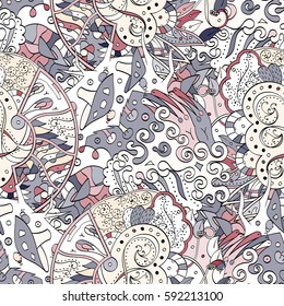 Tracery seamless calming pattern. Mehndi design. Ethnic colorful doodle texture. Curved doodling background. Vector.