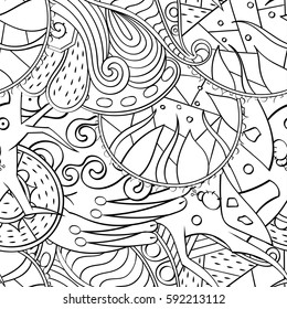 Tracery seamless calming pattern. Mehndi design. Ethnic monochrome binary doodle texture. Curved doodling black and white background. Vector.