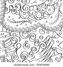 Tracery seamless calming pattern. Mehndi design. Ethnic monochrome binary doodle texture. Curved doodling black and white background. Vector.