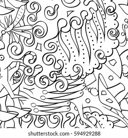 Tracery seamless calming pattern. Mehndi design. Ethnic monochrome binary doodle texture. Curved doodling black and white background. Vector.