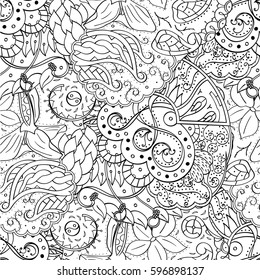 Tracery seamless calming pattern. Mehndi design. Ethnic monochrome binary doodle texture. Curved doodling black and white background. Vector.
