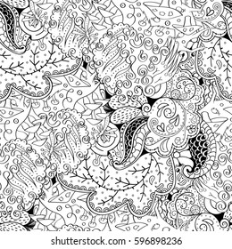 Tracery seamless calming pattern. Mehndi design. Ethnic monochrome binary doodle texture. Curved doodling black and white background. Vector.