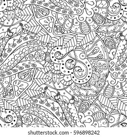 Tracery seamless calming pattern. Mehndi design. Ethnic monochrome binary doodle texture. Curved doodling black and white background. Vector.