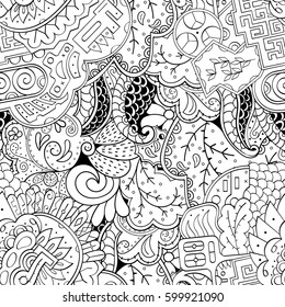 Tracery seamless calming pattern. Mehndi design. Ethnic monochrome binary doodle texture. Curved doodling black and white background. Vector.