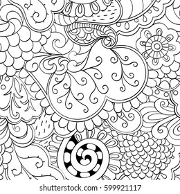 Tracery seamless calming pattern. Mehndi design. Ethnic monochrome binary doodle texture. Curved doodling black and white background. Vector.