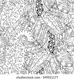 Tracery seamless calming pattern. Mehndi design. Ethnic monochrome binary doodle texture. Curved doodling black and white background. Vector.