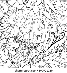 Tracery seamless calming pattern. Mehndi design. Ethnic monochrome binary doodle texture. Curved doodling black and white background. Vector.